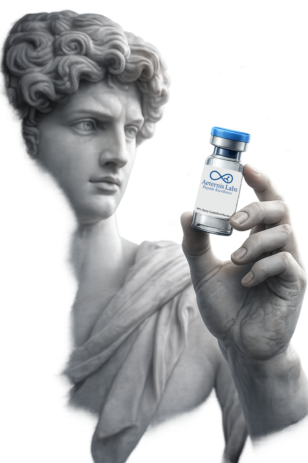 Greek statue holding Retatrutide vial